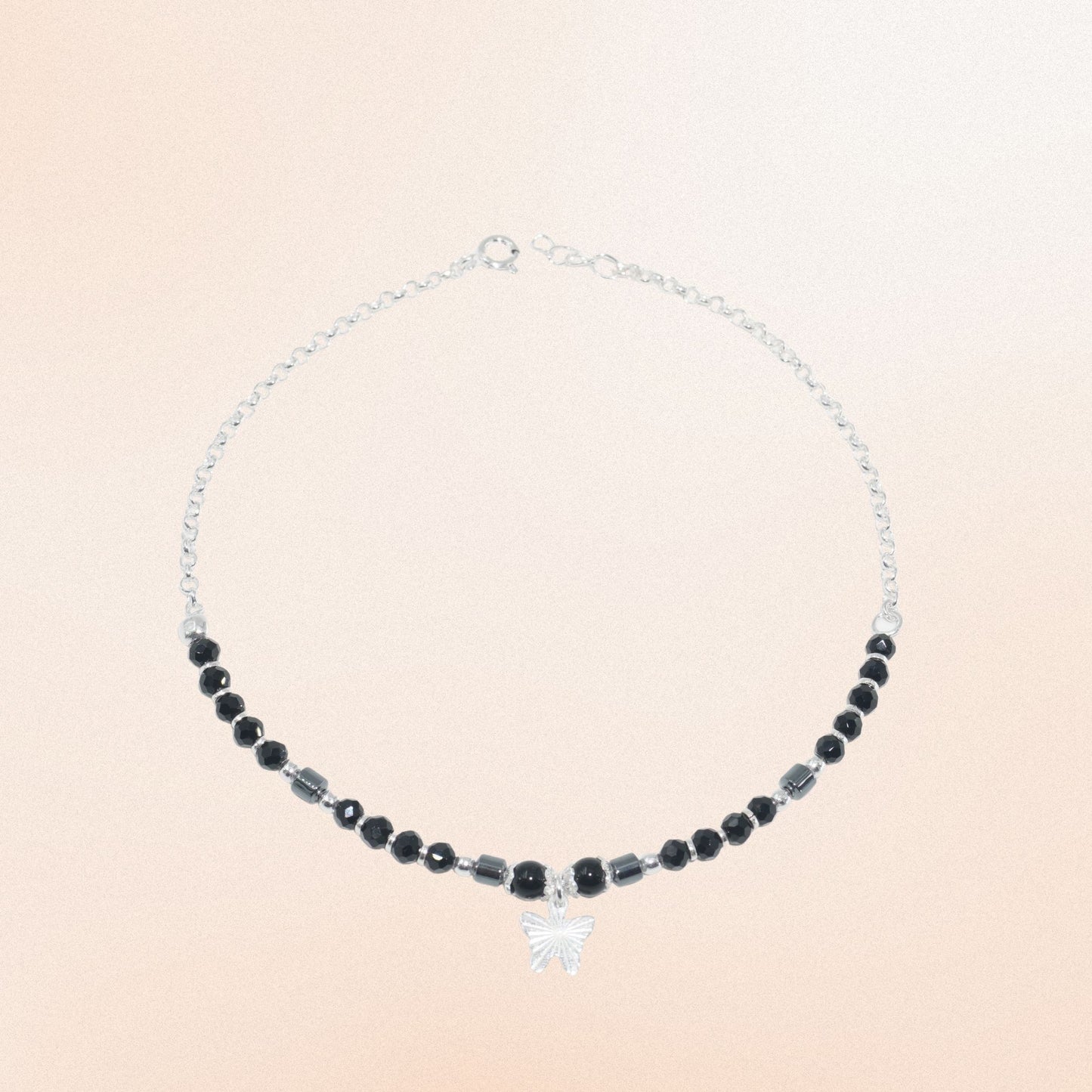 925 Silver Black Bead Butterfly Anklet
