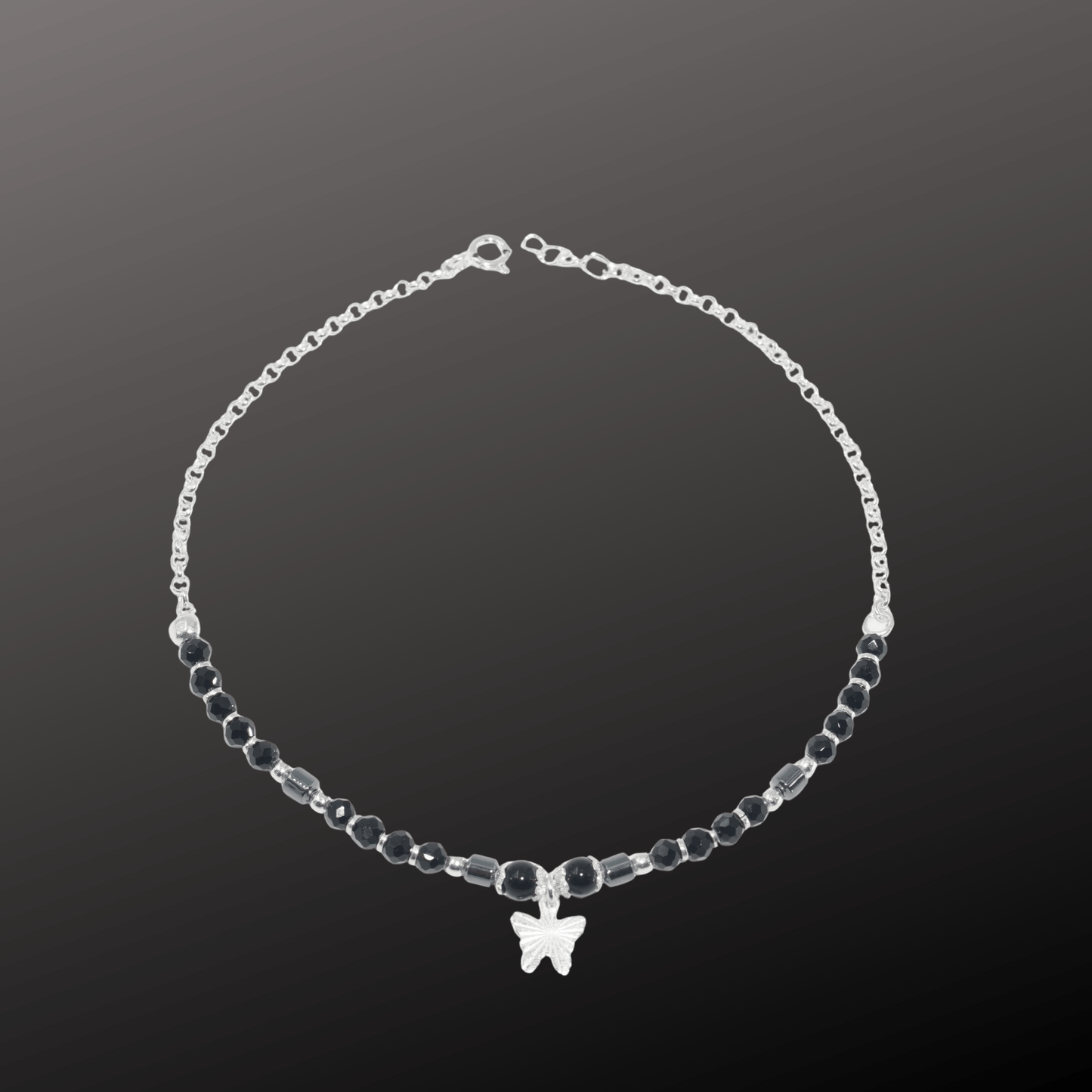 925 Silver Black Bead Butterfly Anklet