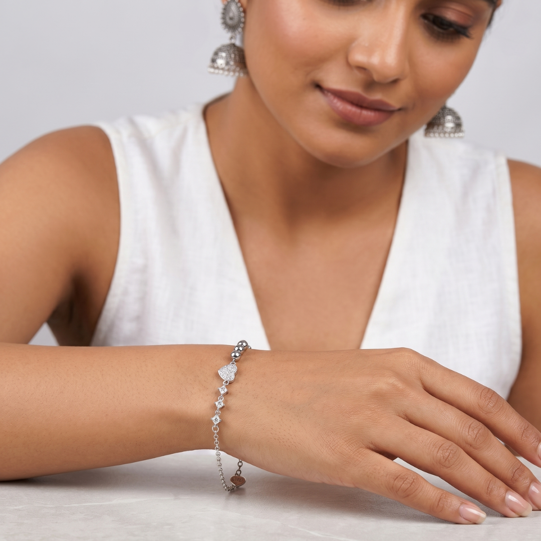 925 Silver Heart Charm Bead Chain Bracelet