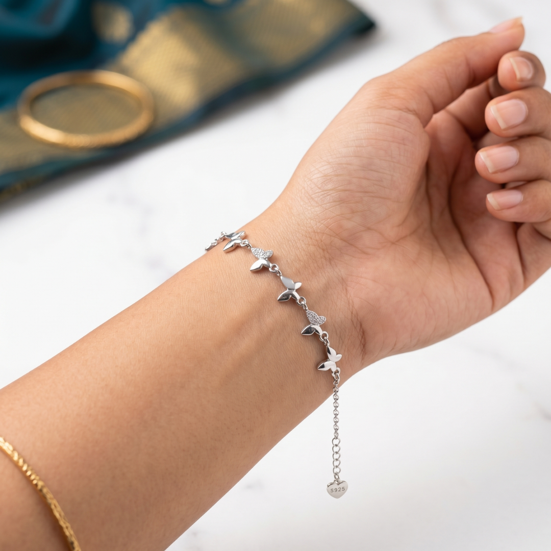 925 Silver Butterfly Station Charm Bracelet
