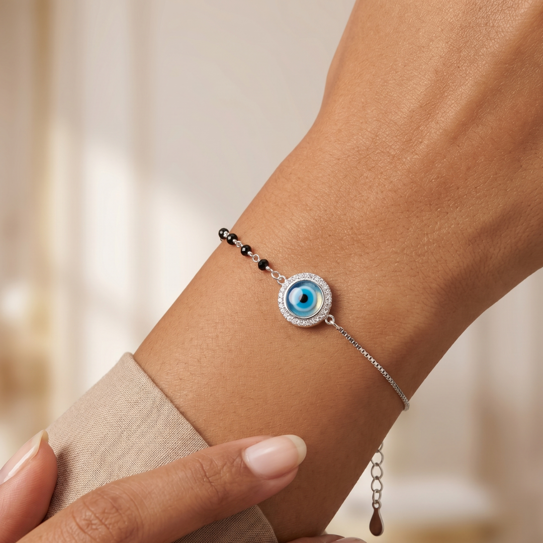 925 Silver Evil Eye CZ Halo Chain Bracelet