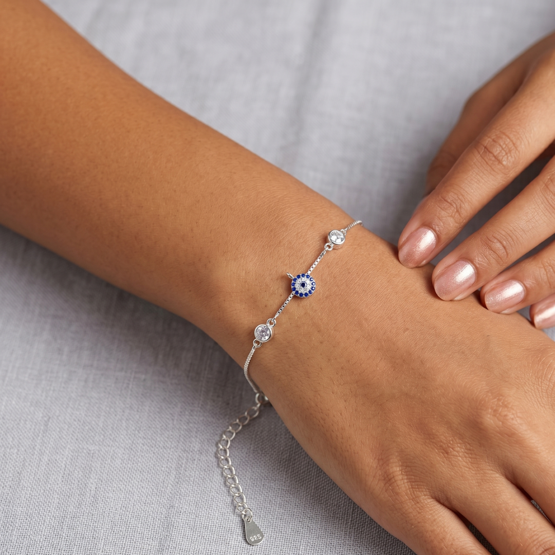 925 Silver Blue Evil Eye Dangle CZ Bracelet