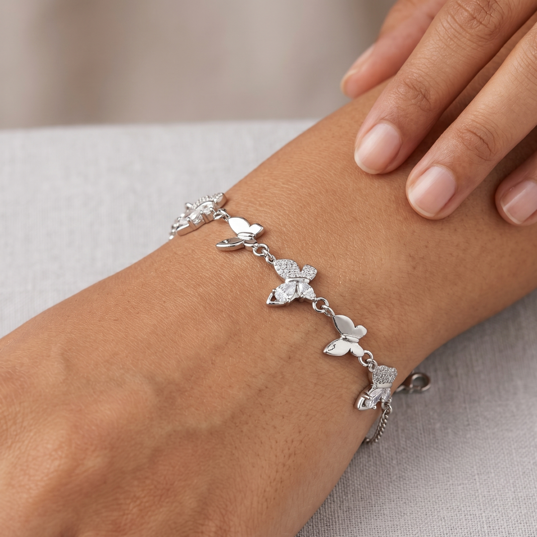 925 Silver CZ Pave Butterfly Station Bracelet