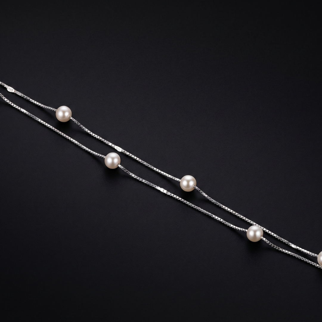 Double-Strand Pearl Station Silver Bracelet
