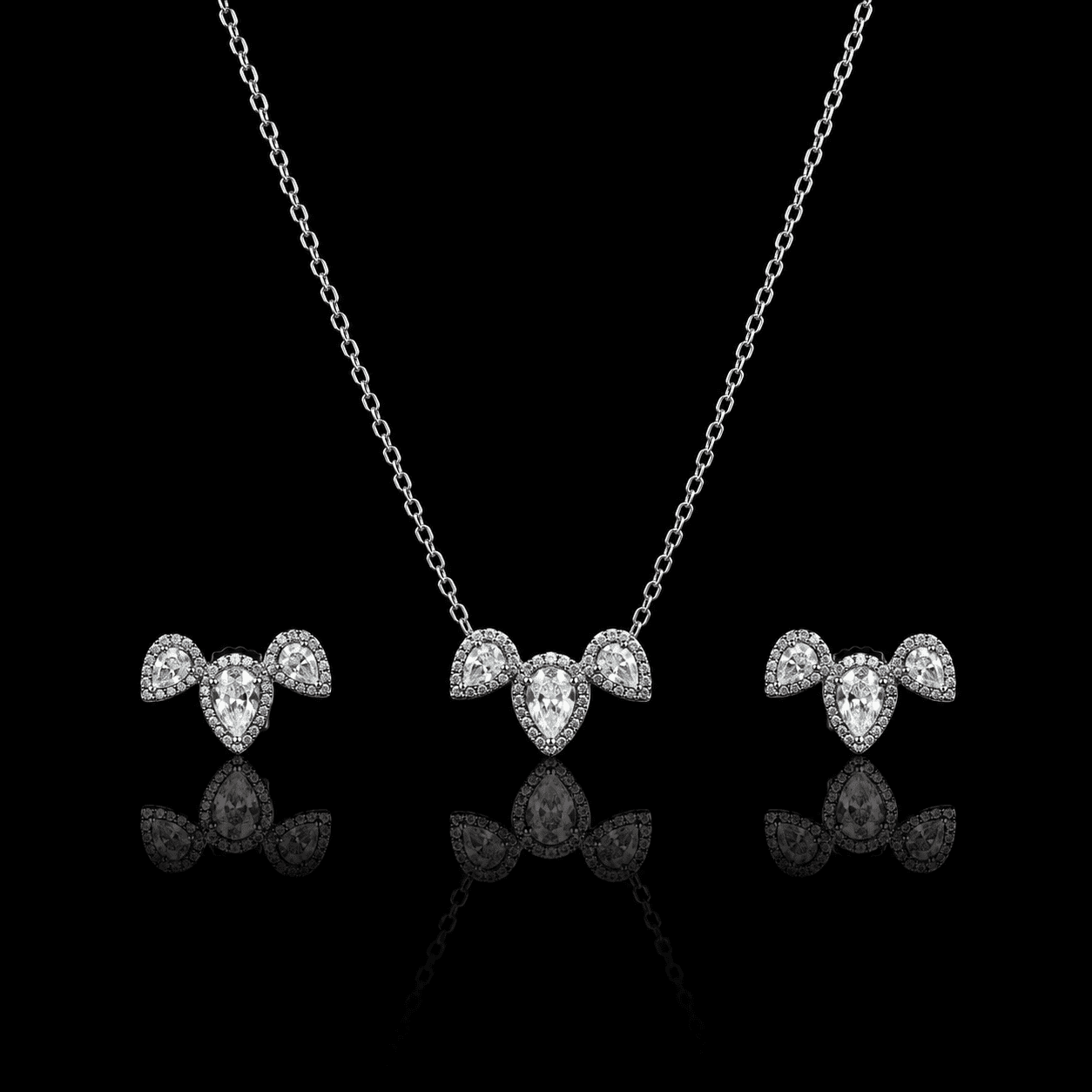 925 Silver Pear Cluster Necklace & Earrings Set