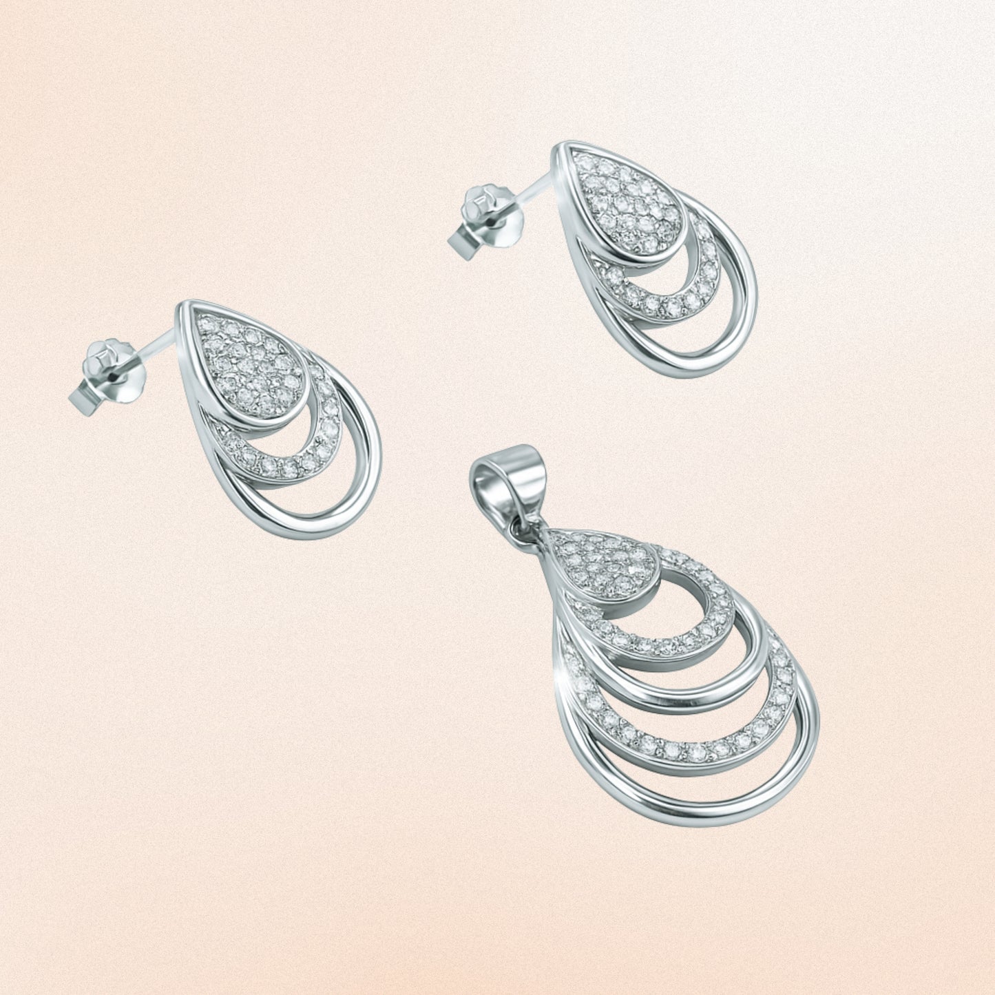 Layered CZ Silver Pendant Earring Set