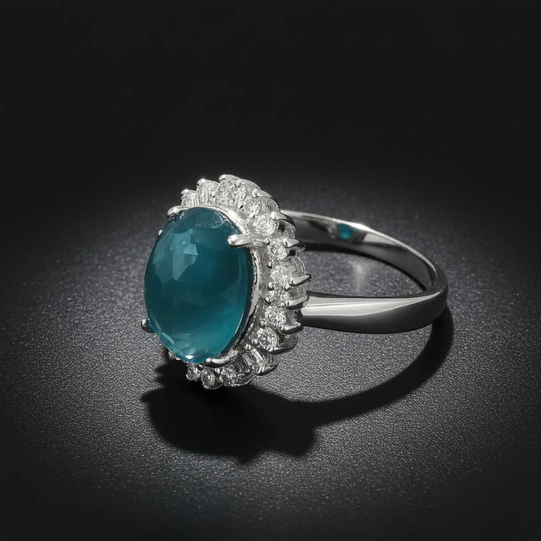 925 Silver Midnight Teal Halo Ring