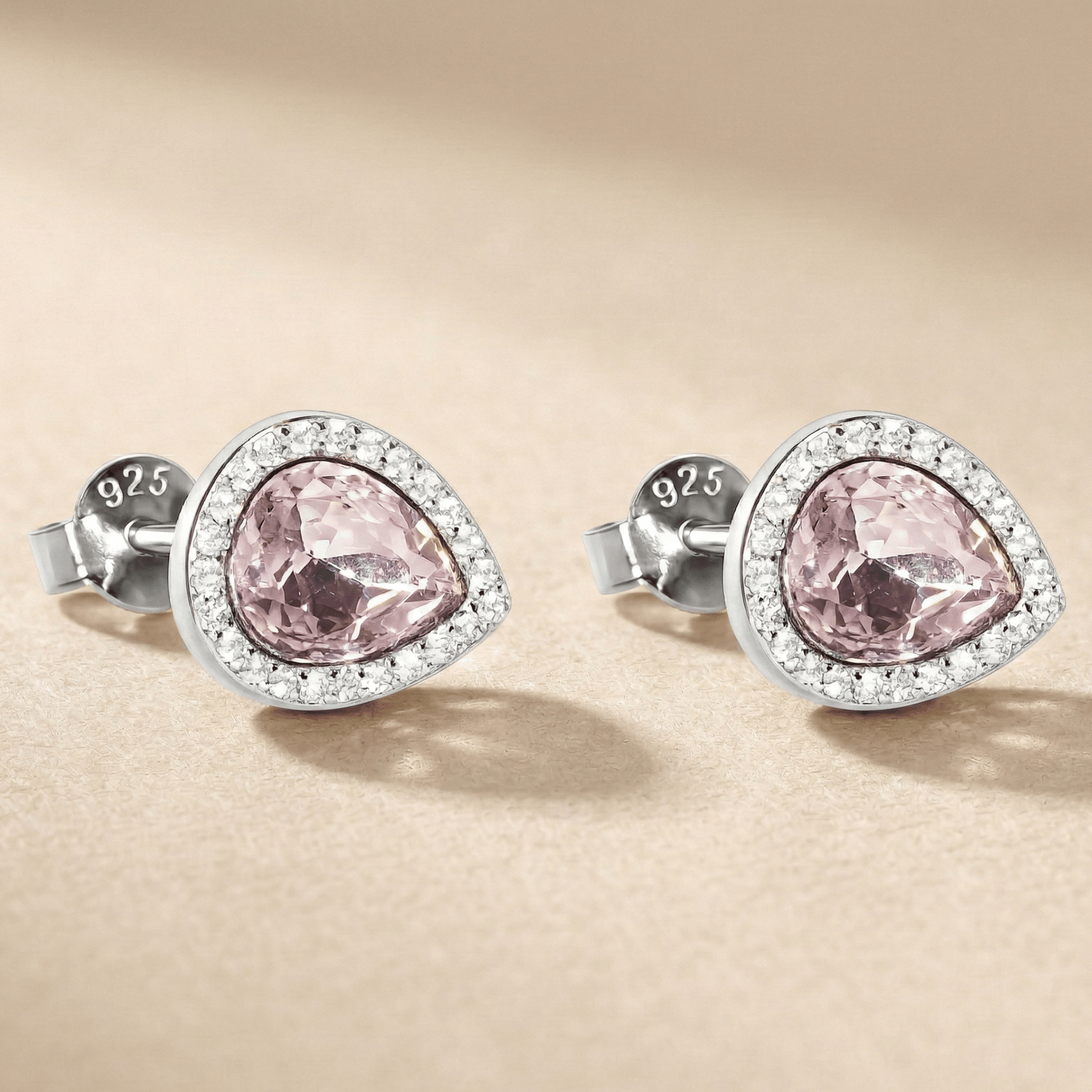 925 Silver Teardrop Pink Crystal Stud Earrings