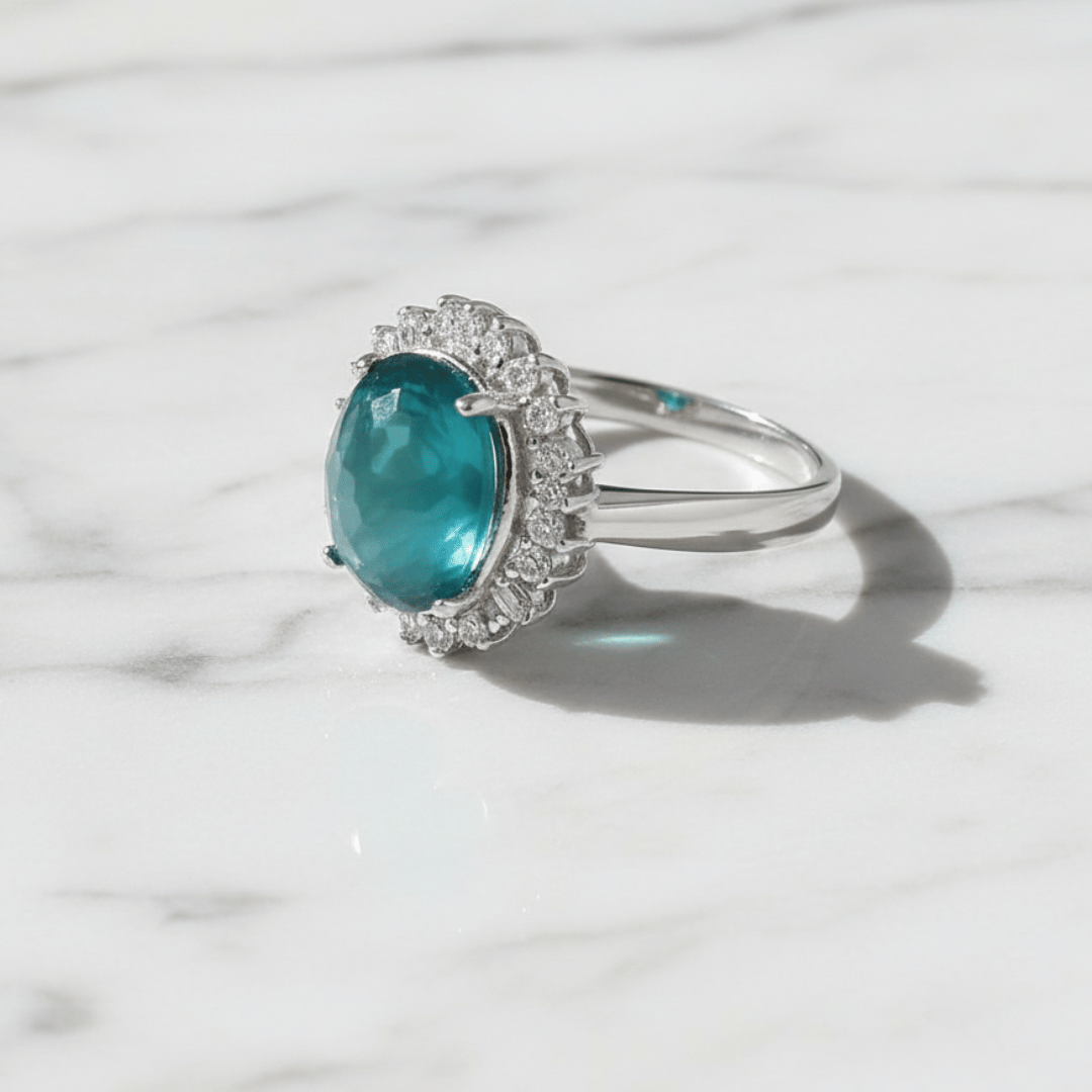 925 Silver Midnight Teal Halo Ring