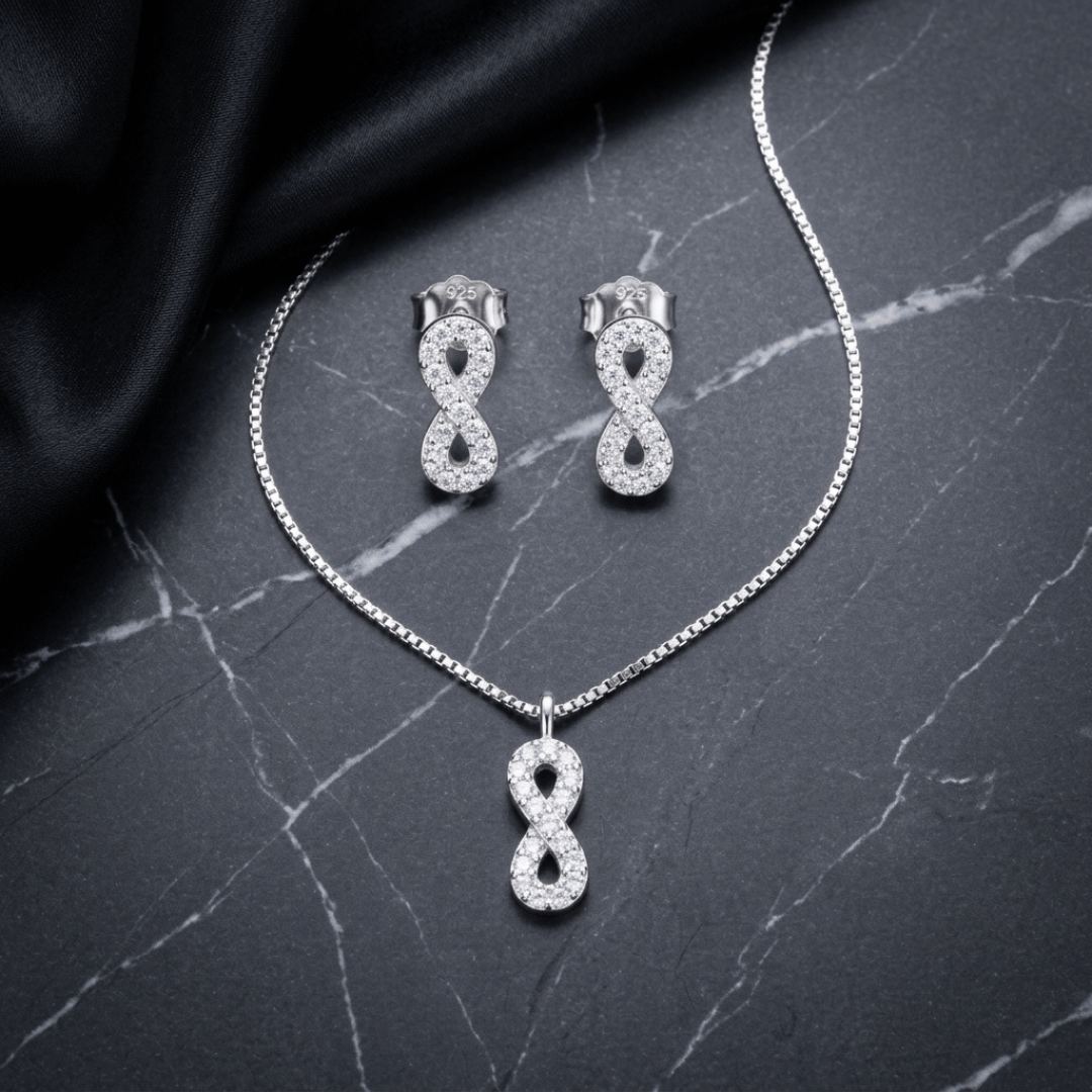 925 Silver Infinity Pendant & Earrings Set