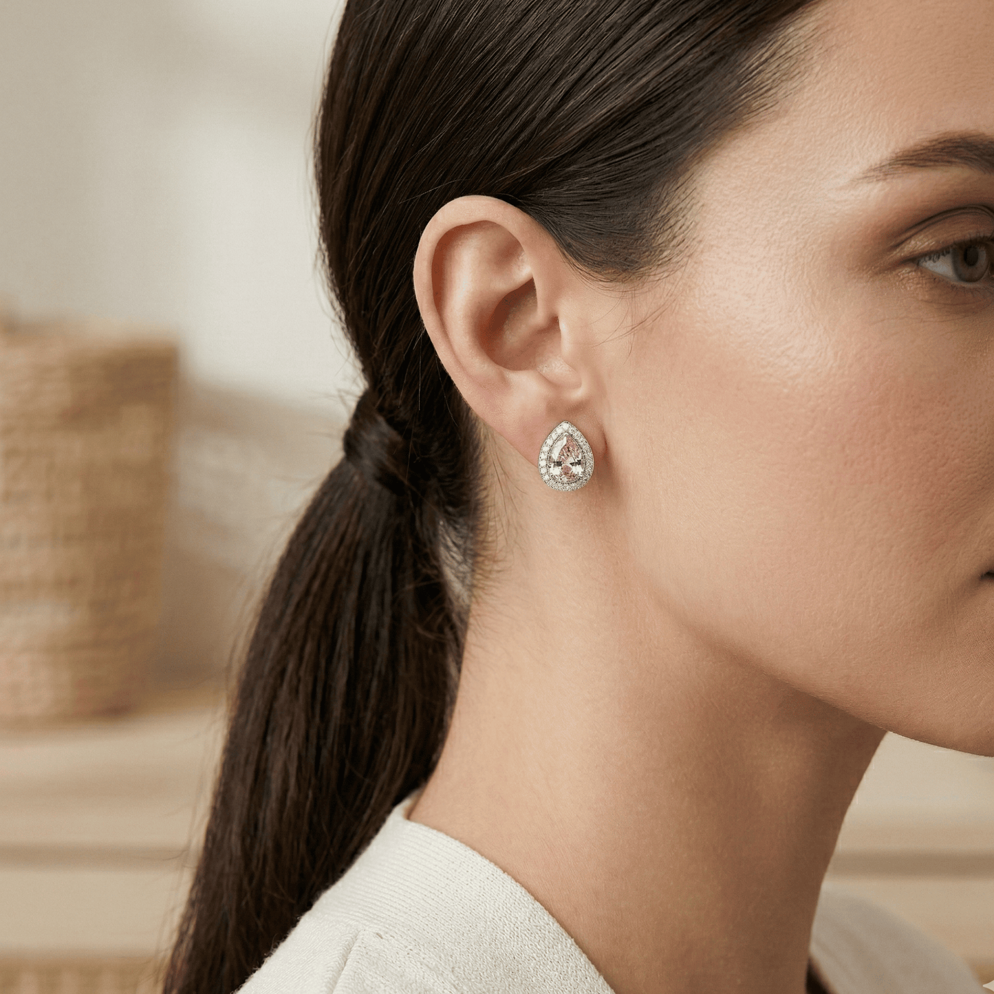925 Silver Teardrop Pink Crystal Stud Earrings
