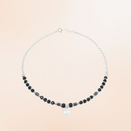 925 Silver Black Bead Butterfly Anklet