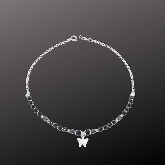 925 Silver Black Bead Butterfly Anklet