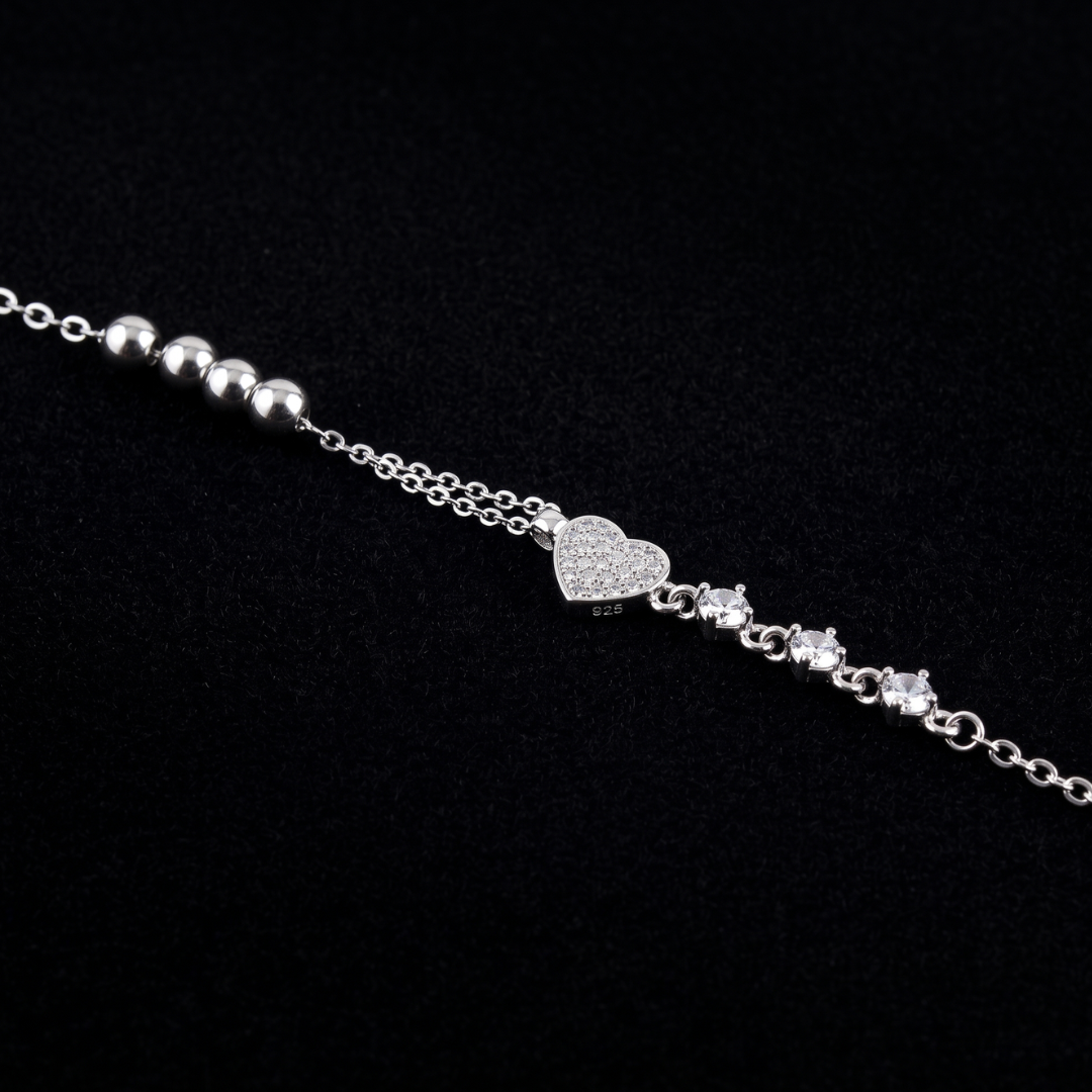 925 Silver Heart Charm Bead Chain Bracelet