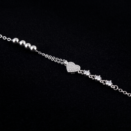 925 Silver Heart Charm Bead Chain Bracelet