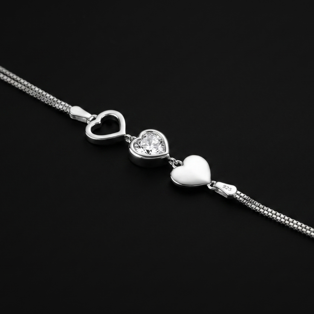 925 Silver Triple Heart CZ Chain Bracelet