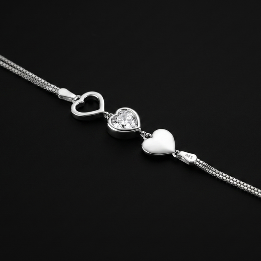 925 Silver Triple Heart CZ Chain Bracelet