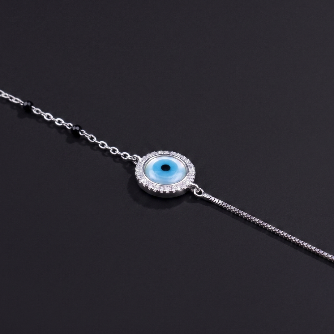 925 Silver Evil Eye CZ Halo Chain Bracelet