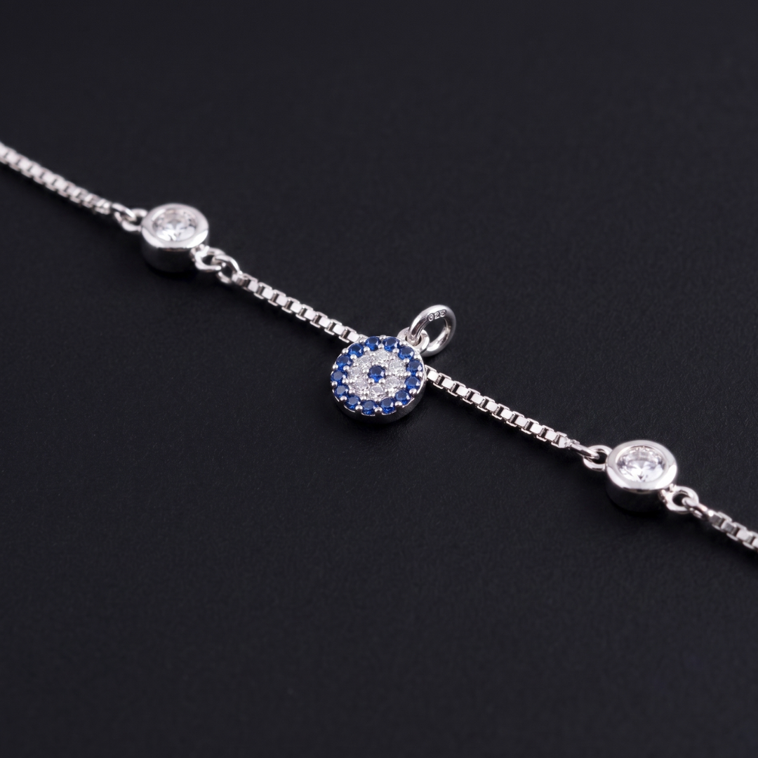 925 Silver Blue Evil Eye Dangle CZ Bracelet