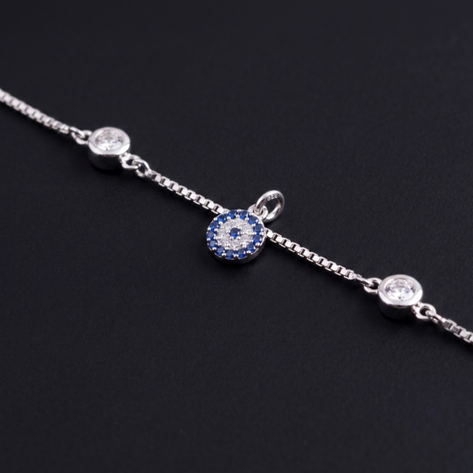 925 Silver Blue Evil Eye Dangle CZ Bracelet