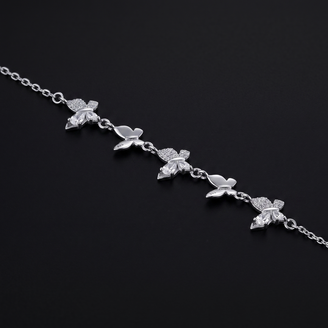 925 Silver CZ Pave Butterfly Station Bracelet