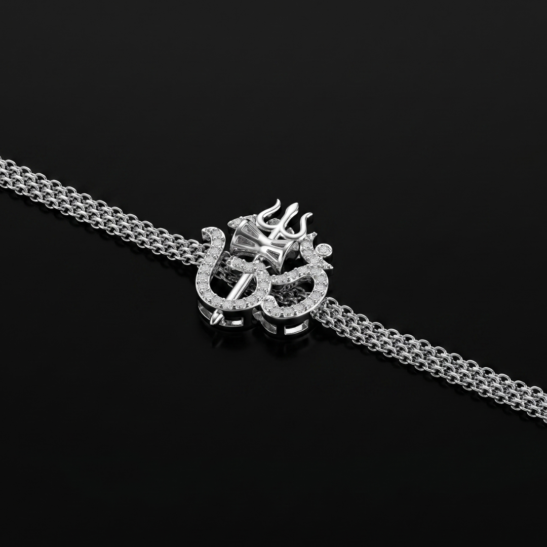 925 Silver Om Trishul Triple Chain Bracelet