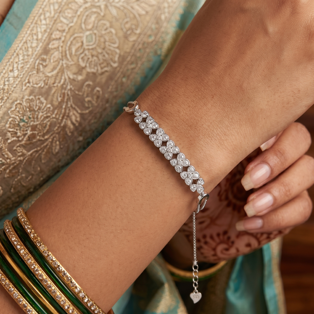 925 Silver Crystal Clover Bar Bracelet