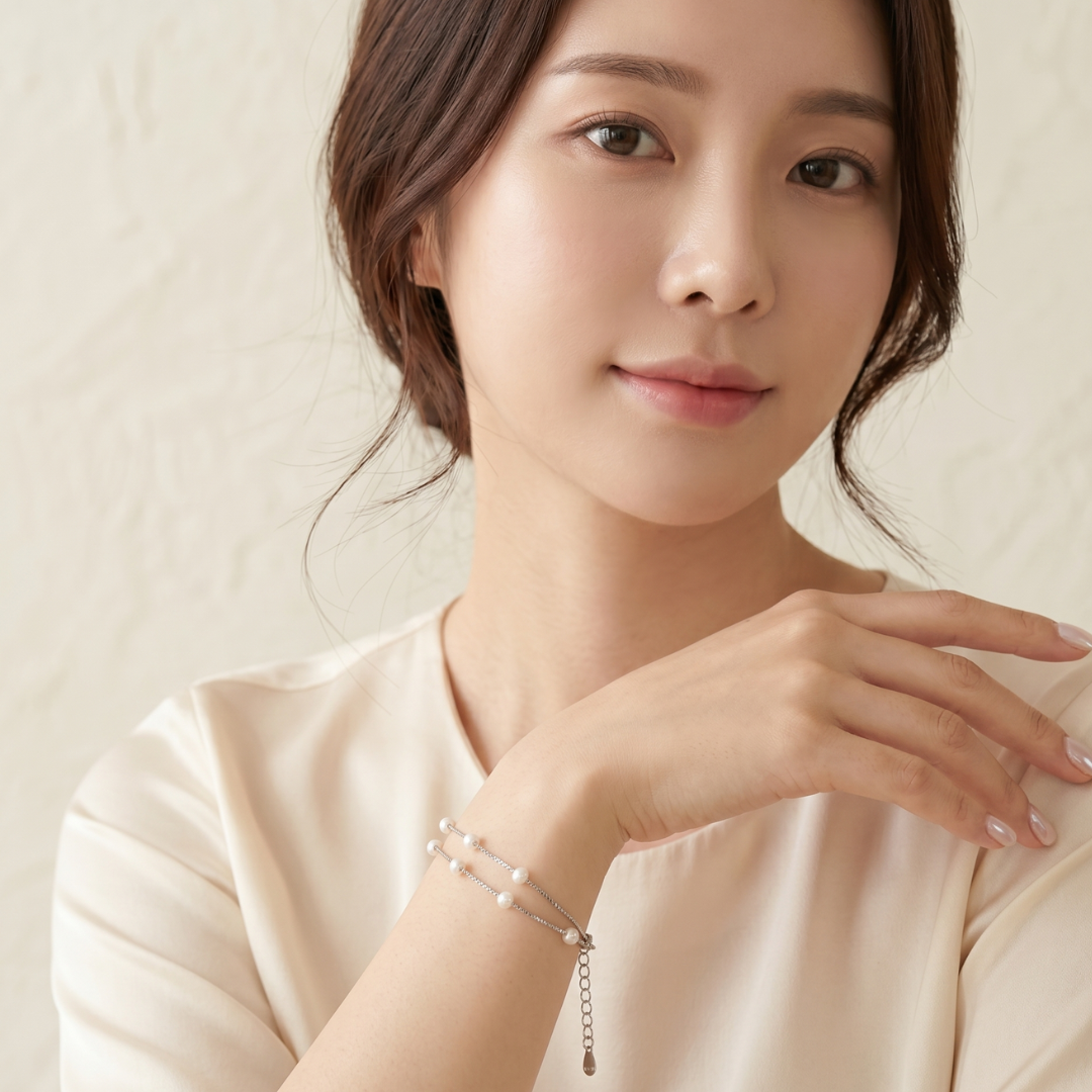Double-Strand Pearl Station Silver Bracelet