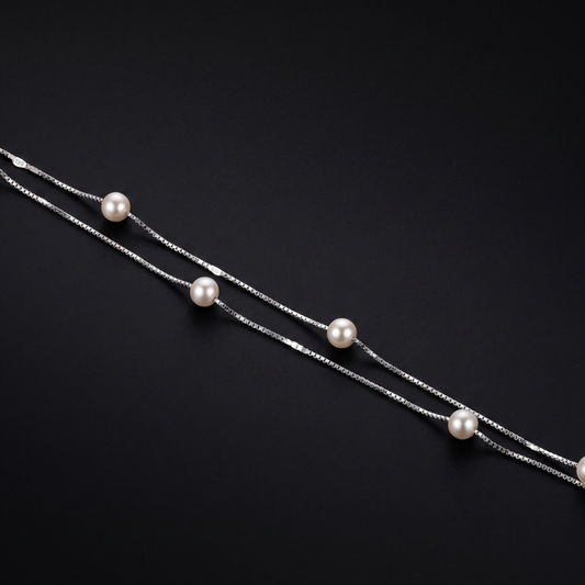 Double-Strand Pearl Station Silver Bracelet