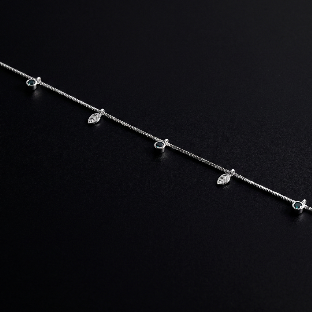 Silver Leaf & Green Stone Anklet