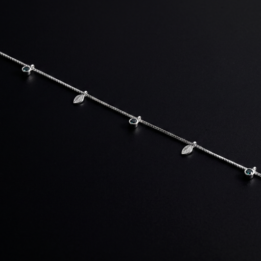 Silver Leaf & Green Stone Anklet