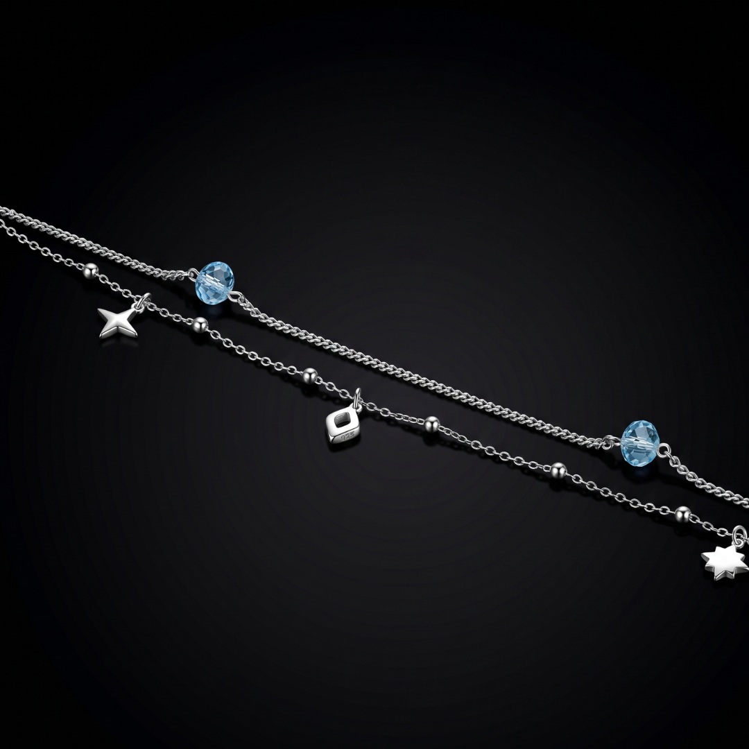 Double Layer Star & Blue Crystal Silver Anklet