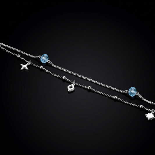 Double Layer Star & Blue Crystal Silver Anklet