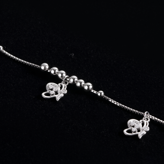 Silver CZ Heart Charm Beaded Anklet