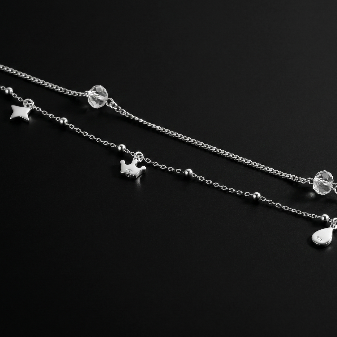 Double Layer Crown & White Crystal Silver Anklet
