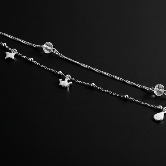 Double Layer Crown & White Crystal Silver Anklet