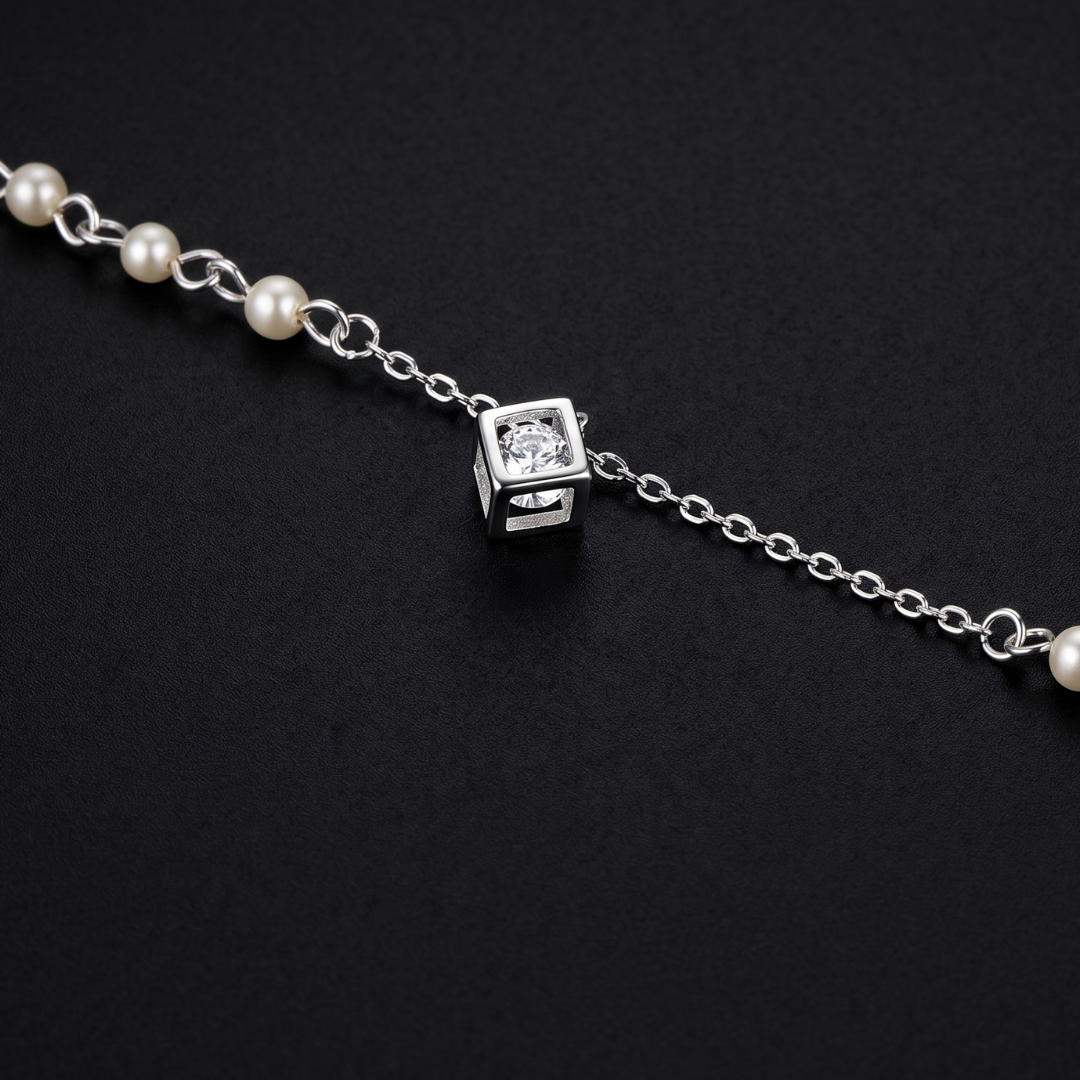 Diamond Cube CZ Silver Anklet