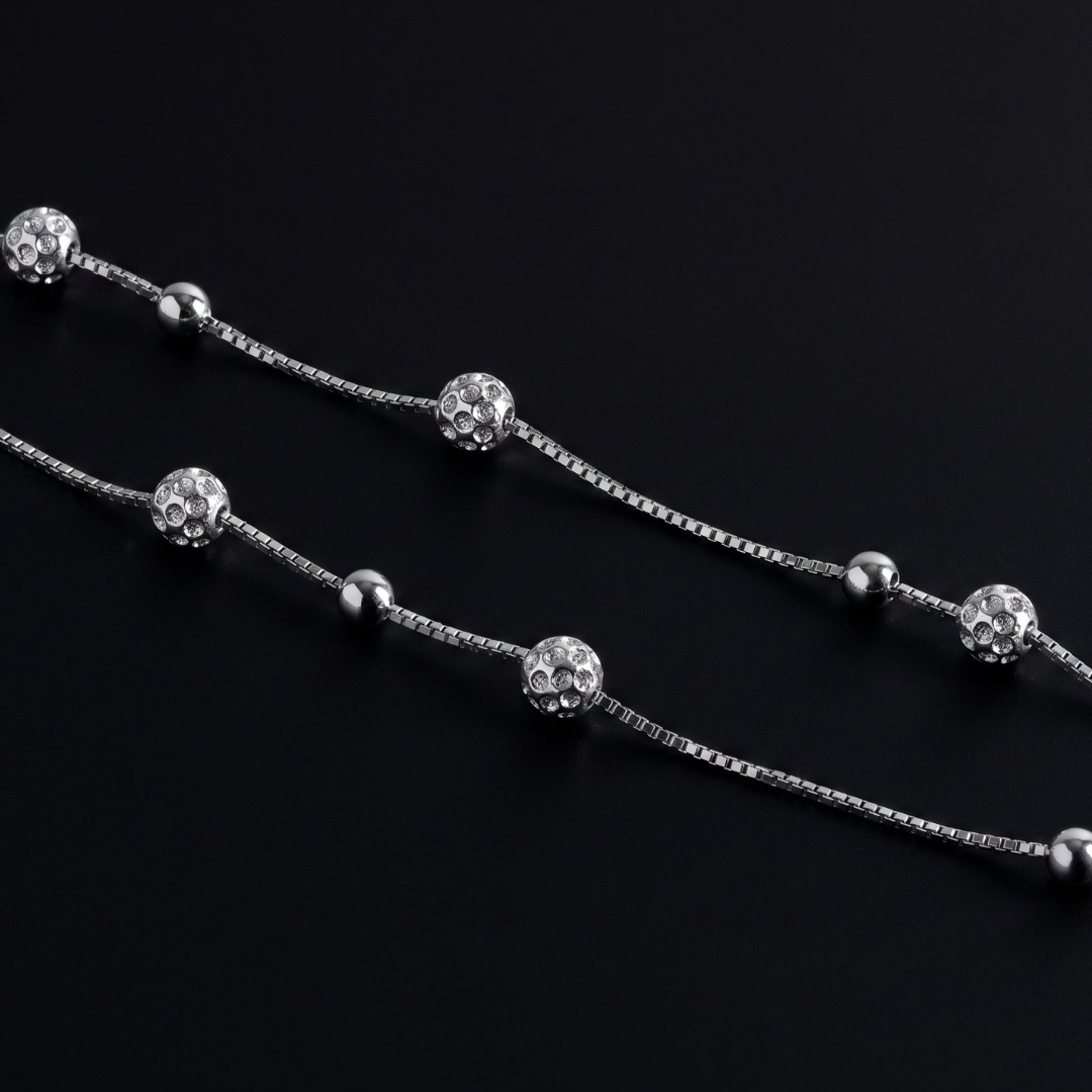 CZ Ball Station Silver Anklet