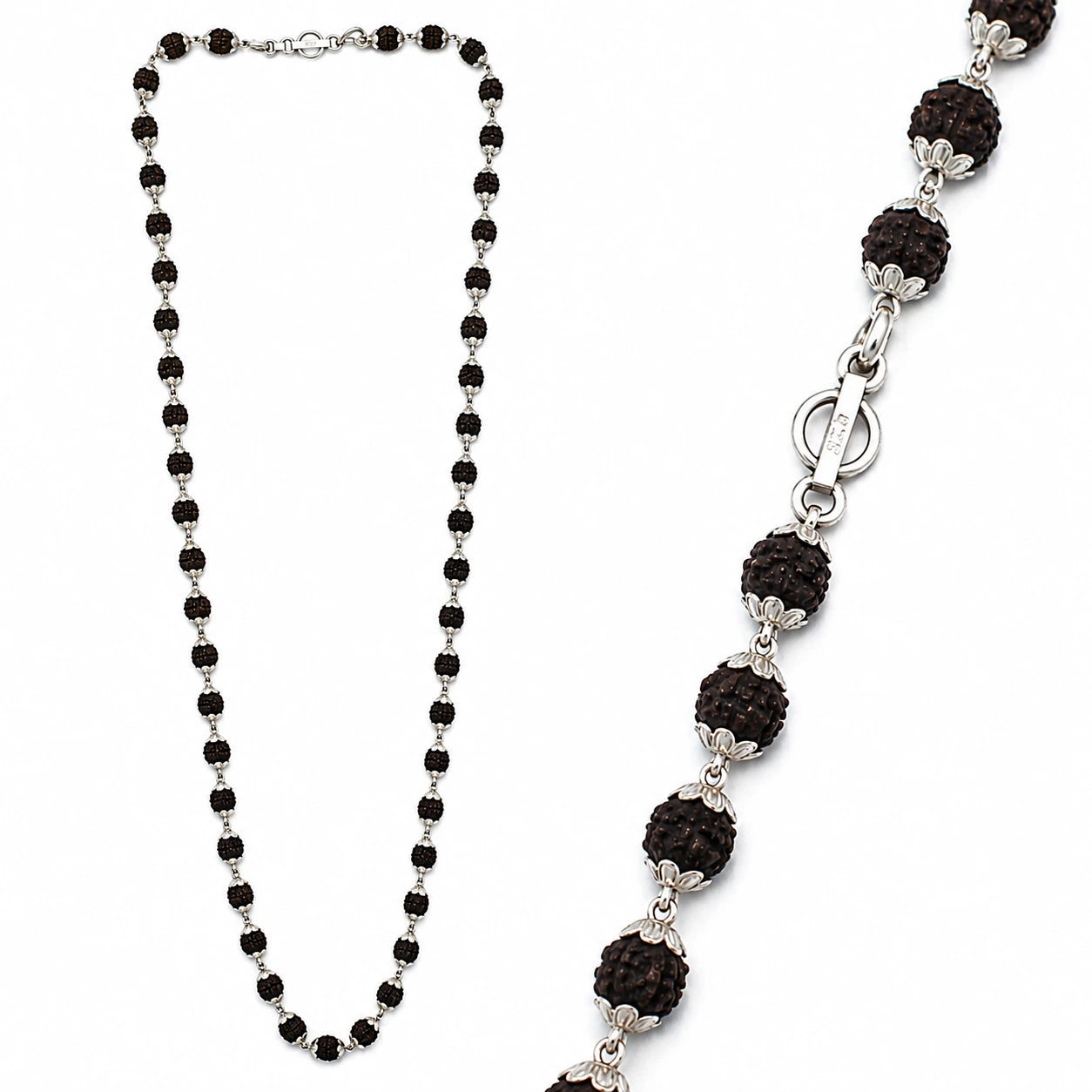 Black Rudraksha Silver Lotus Cap Mala
