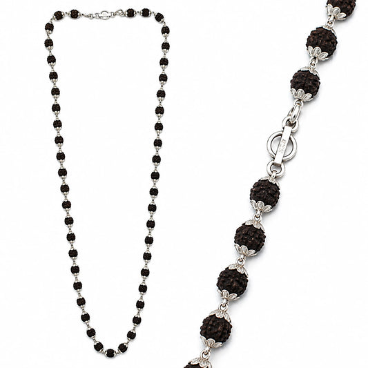 Black Rudraksha Silver Lotus Cap Mala