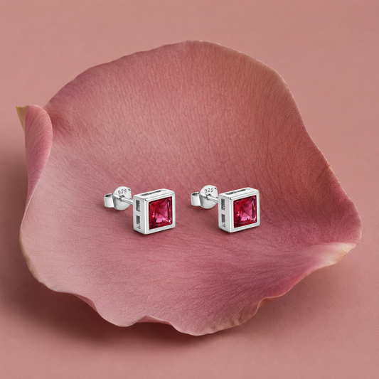 925 Silver Square Pink Crystal Stud Earrings