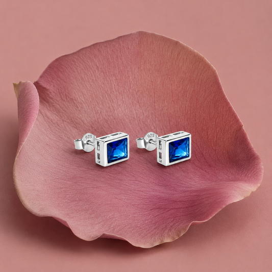 925 Silver Rectangular Blue Stone Stud Earrings