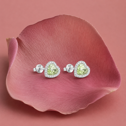 925 Silver Green Heart Crystal Stud Earrings