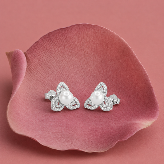 925 Silver Flower & Pearl Stud Earrings