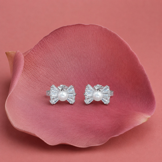 925 Silver Pearl Bow Stud Earrings