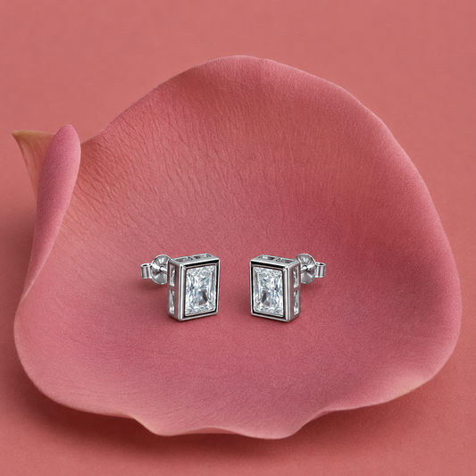 925 Silver Square White CZ Stone Stud Earrings