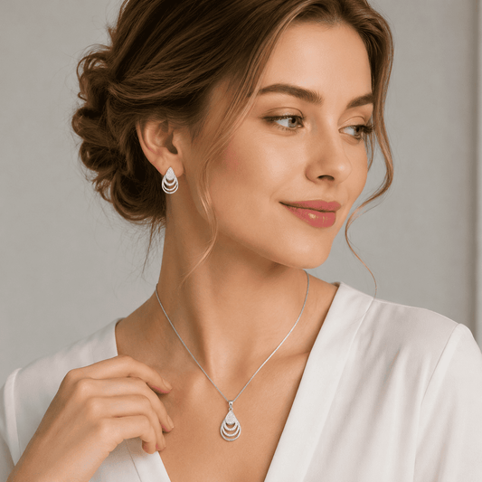 925 Silver Layered CZ Pendant & Earring Set