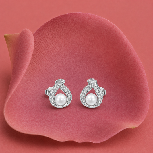 925 Silver Pearl & CZ Diamond Drop Earrings