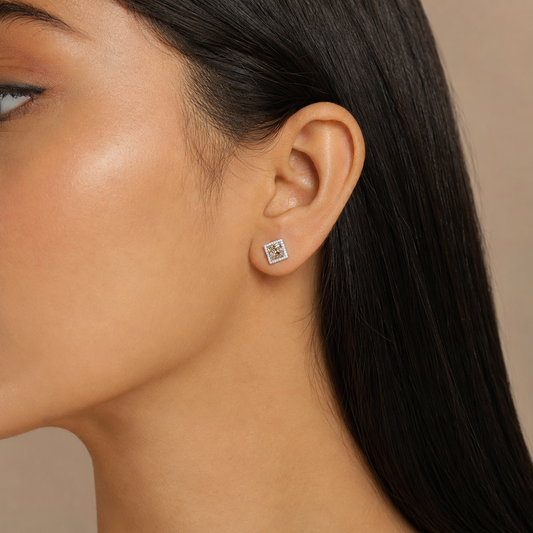 925 Silver Square Champagne Crystal Stud Earrings