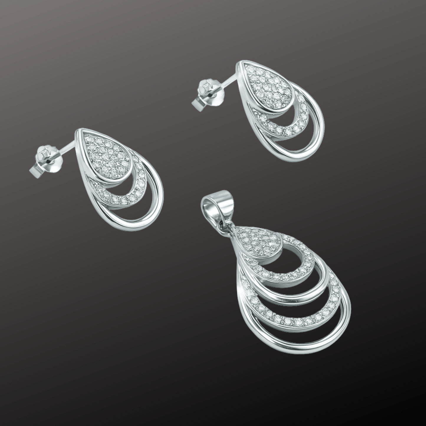 Layered CZ Silver Pendant Earring Set